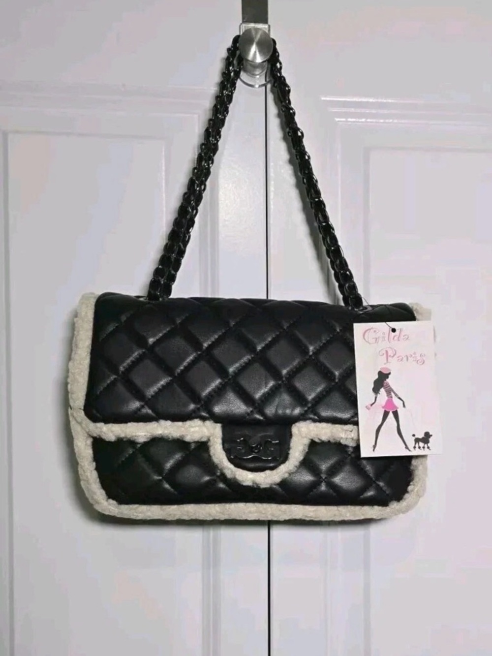 Gilda Paris Black Quilted Shoulder Bag with White Shearling Trim and Chain Strap - Picture 11 of 16